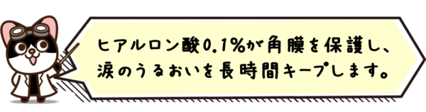 ヒアルロン酸0.1％が角膜を保護し、涙のうるおいを長時間キープします。