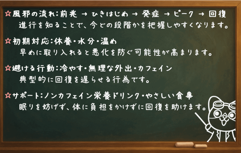 風邪の流れ：前兆 → ひきはじめ → 発症 → ピーク → 回復 進行を知ることで、今どの段階かを把握しやすくなります。 初期対応：休養・水分・温め 早めに取り入れると悪化を防ぐ可能性が高まります。 避ける行動：冷やす・無理な外出・カフェイン 典型的に回復を遅らせる行為です。 サポート：ノンカフェイン栄養ドリンク・やさしい食事 眠りを妨げず、体に負担をかけずに回復を助けます。