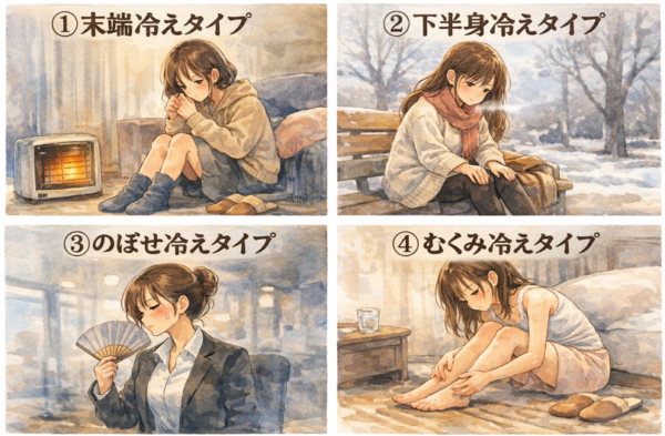 ①末端冷えタイプ ②下半身冷えタイプ ③のぼせ冷えタイプ ④むくみ冷えタイプ