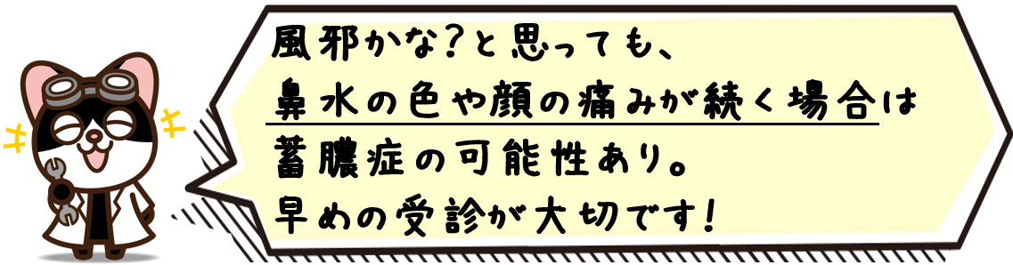 風邪かな？と思っても、鼻水の色や顔の痛みが続く場合は蓄膿症の可能性あり。早めの受診が大切です。