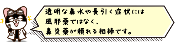 透明な鼻水や長引く症状には風邪薬ではなく、鼻炎薬が頼れる相棒です。