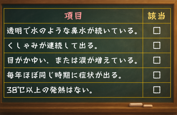 □ 透明で水のような鼻水が続いている。 □ くしゃみが連続して出る。 □ 目がかゆい、または涙が増えている。 □ 毎年ほぼ同じ時期に症状が出る。 □ 38℃以上の発熱はない。