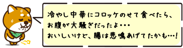 ボクも冷やし中華にコロッケのせて食べたら、お腹が大騒ぎだったよ〜！おいしいけど、腸は悲鳴あげてたかも…！