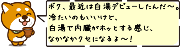 ボク、最近は白湯デビューしたんだ〜。冷たいのもいいけど、白湯で内臓がホッとする感じ、なかなかクセになるよ〜！