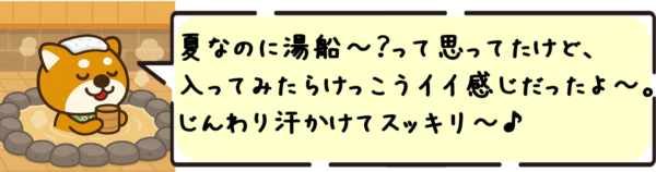 夏なのに湯船〜？って思ってたけど、入ってみたらけっこうイイ感じだったよ〜。じんわり汗かけてスッキリ〜♪