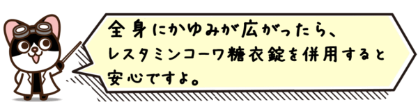 全身にかゆみが広がったら、レスタミンコーワ糖衣錠を併用すると安心ですよ。