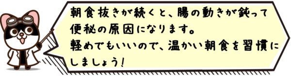 朝食抜きが続くと、腸の動きが鈍って便秘の原因になります。軽めでもいいので、温かい朝食を習慣にしましょう。