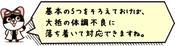 基本の5つをそろえておけば、大抵の体調不良に落ち着いて対応できますね。