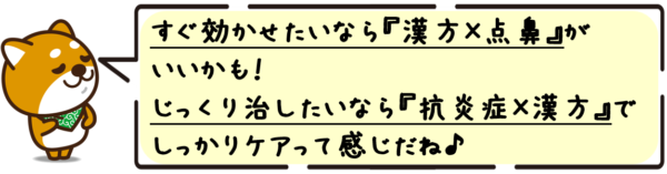 すぐ効かせたいなら“漢方×点鼻”がいいかも！じっくり治したいなら“抗炎症×漢方”でしっかりケアって感じだね！