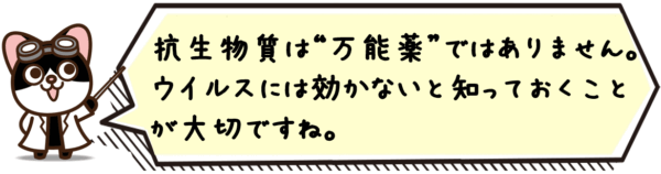 抗生物質は“万能薬”ではありません。ウイルスには効かないと知っておくことが大切ですね。