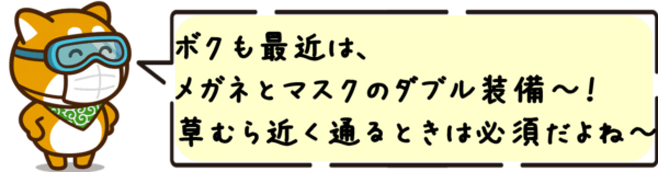 ボクも最近は、メガネとマスクのダブル装備〜！草むら近く通るときは必須だよね〜