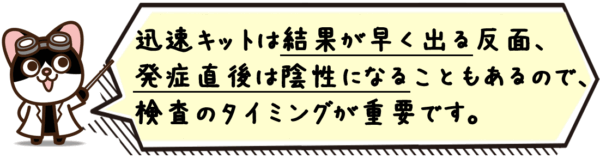 迅速キットは結果が早く出る反面、発症直後は陰性になることもあるので、検査のタイミングが重要です。
