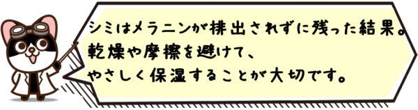 シミはメラニンが排出されずに残った結果。乾燥や摩擦を避けて、やさしく保湿することが大切です。