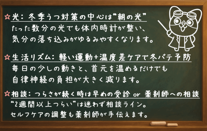 光：冬季うつ対策の中心は“朝の光” たった数分の光でも体内時計が整い、気分の落ち込みがゆるみやすくなります。 生活リズム：軽い運動＋温度差ケアで冬バテ予防 毎日の少しの動きと、首元を温めるだけでも自律神経の負担が大きく減ります。 相談：つらさが続く時は早めの受診 or 薬剤師への相談 “2週間以上つらい”は迷わず相談ライン。セルフケアの調整も薬剤師が手伝えます。