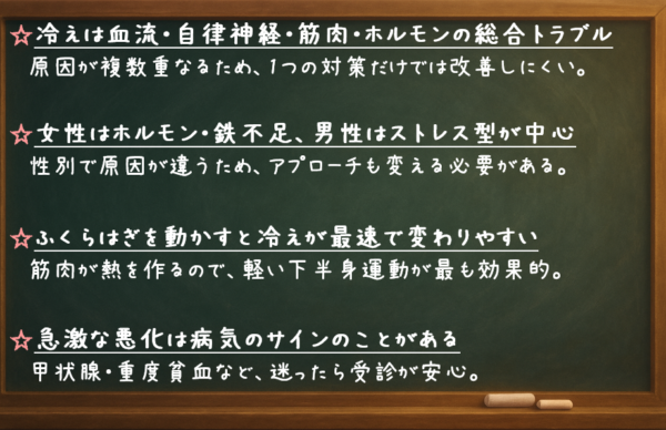 冷えは血流・自律神経・筋肉・ホルモンの総合トラブル 原因が複数重なるため、1つの対策だけでは改善しにくい。 女性はホルモン・鉄不足、男性はストレス型が中心 性別で原因が違うため、アプローチも変える必要がある。 ふくらはぎを動かすと冷えが最速で変わりやすい 筋肉が熱を作るので、軽い下半身運動が最も効果的。 急激な悪化は病気のサインのことがある 甲状腺・重度貧血など、迷ったら受診が安心。