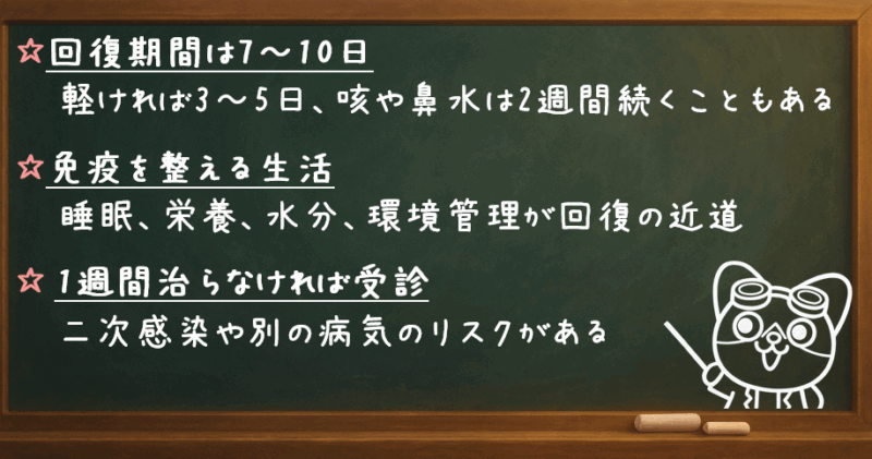 回復期間は7〜10日：軽ければ3〜5日、咳や鼻水は2週間続くこともある 免疫を整える生活：睡眠、栄養、水分、環境管理が回復の近道 1週間治らなければ受診：二次感染や別の病気のリスクがある