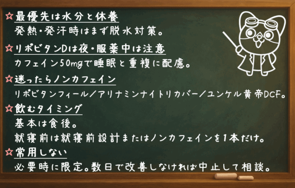 最優先は水分と休養：発熱・発汗時はまず脱水対策。 リポビタンDは夜・服薬中は注意：カフェイン50mgで睡眠と重複に配慮。 迷ったらノンカフェイン：リポビタンフィール／アリナミンナイトリカバー／ユンケル黄帝DCF。 飲むタイミング：基本は食後。就寝前は就寝前設計またはノンカフェインを1本だけ。 常用しない：必要時に限定。数日で改善しなければ中止して相談。