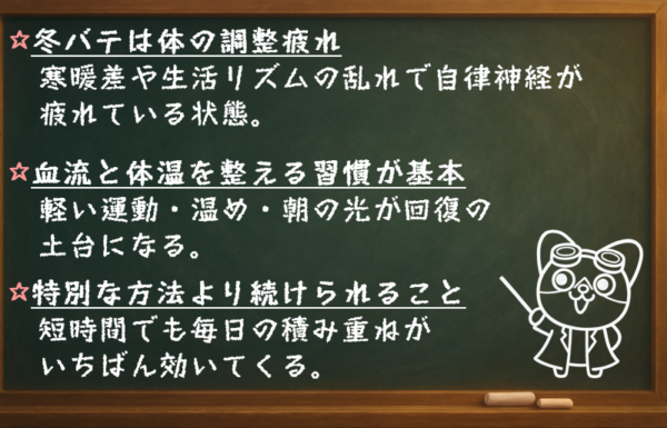 冬バテは体の調整疲れ 寒暖差や生活リズムの乱れで自律神経が疲れている状態。 血流と体温を整える習慣が基本 軽い運動・温め・朝の光が回復の土台になる。 特別な方法より続けられること 短時間でも毎日の積み重ねがいちばん効いてくる。
