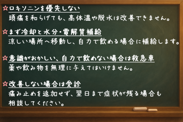 ロキソニンを優先しない 頭痛を和らげても、高体温や脱水は改善できません。 まず冷却と水分・電解質補給 涼しい場所へ移動し、自力で飲める場合に補給します。 意識がおかしい、自力で飲めない場合は救急車 薬や飲み物を無理に与えてはいけません。 改善しない場合は受診 痛み止めを追加せず、翌日まで症状が残る場合も相談してください。