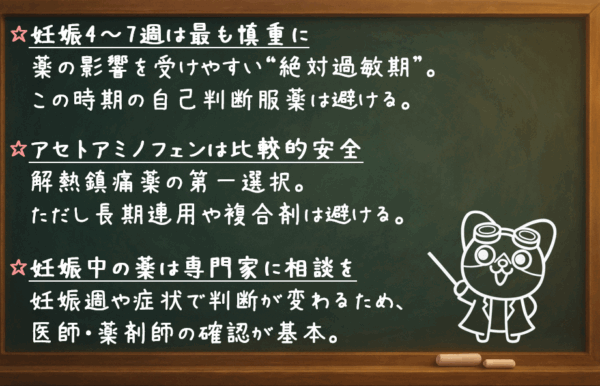 妊娠4〜7週は最も慎重に：薬の影響を受けやすい“絶対過敏期”。この時期の自己判断服薬は避ける。 アセトアミノフェンは比較的安全：解熱鎮痛薬の第一選択。ただし長期連用や複合剤は避ける。 妊娠中の薬は専門家に相談を：妊娠週や症状で判断が変わるため、医師・薬剤師の確認が基本。