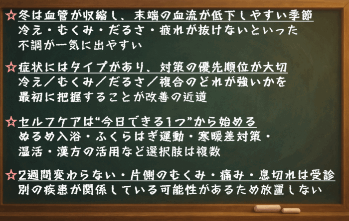冬は血管が収縮し、末端の血流が低下しやすい季節 　 → 冷え・むくみ・だるさ・疲れが抜けないといった不調が一気に出やすい 症状にはタイプがあり、対策の優先順位が大切 　 → 冷え／むくみ／だるさ／複合のどれが強いかを最初に把握することが改善の近道 セルフケアは“今日できる1つ”から始める 　 → ぬるめ入浴・ふくらはぎ運動・寒暖差対策・温活・漢方の活用など選択肢は複数 2週間変わらない・片側のむくみ・痛み・息切れは受診 　 → 別の疾患が関係している可能性があるため放置しない