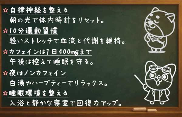 自律神経を整える：朝の光で体内時計をリセット。 10分運動習慣：軽いストレッチで血流と代謝を維持。 カフェインは400mgまで：午後は控えて睡眠を守る。 夜はノンカフェイン：白湯やハーブティーでリラックス。 睡眠環境を整える：入浴と静かな寝室で回復力アップ。