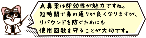 点鼻薬は即効性が魅力ですね。短時間で鼻の通りが良くなりますが、リバウンドを防ぐためにも使用回数を守ることが大切です。