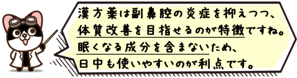 漢方薬は副鼻腔の炎症を抑えつつ、体質改善を目指せるのが特徴ですね。眠くなる成分を含まないため、日中も使いやすいのが利点です。