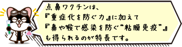 点鼻ワクチンは、重症化を防ぐ力に加えて鼻や喉で感染を防ぐ“粘膜免疫”も得られるのが特長です。