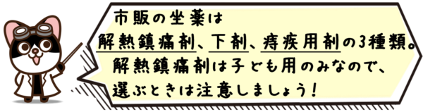 市販の坐薬は解熱鎮痛剤、下剤、痔疾用剤の3種類。解熱鎮痛剤は子ども用のみなので、選ぶときは注意しましょう。