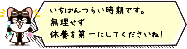 いちばんつらい時期です。無理せず休養を第一にしてくださいね。