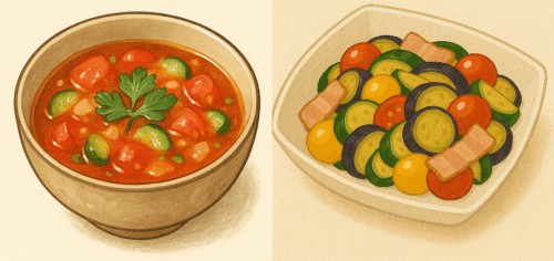 トマトときゅうりのスープと夏野菜の炒め物