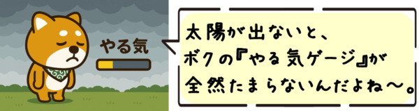 太陽が出ないと、ボクの“やる気ゲージ”全然たまらないんだよね〜。