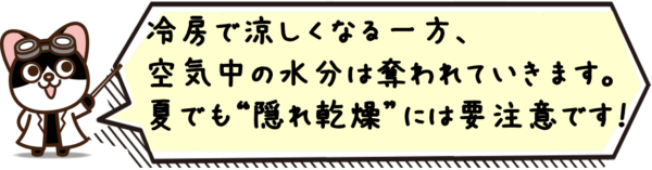 冷房で涼しくなる一方、空気中の水分は奪われていきます。夏でも“隠れ乾燥”には要注意です。