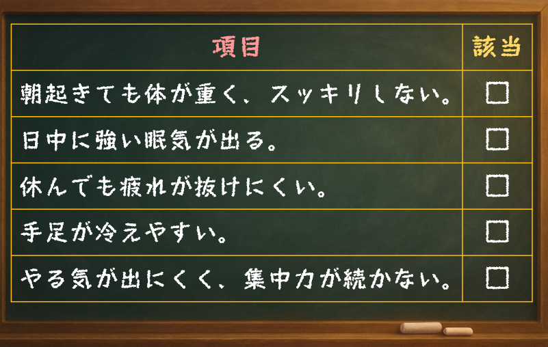 □ 朝起きても体が重く、スッキリしない。 □ 日中に強い眠気が出る。 □ 休んでも疲れが抜けにくい。 □ 手足が冷えやすい。 □ やる気が出にくく、集中力が続かない。