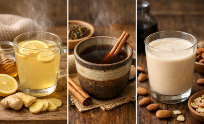 ① 生姜ホットドリンク、② シナモン入りほうじ茶、③ 黒酢アーモンドミルク