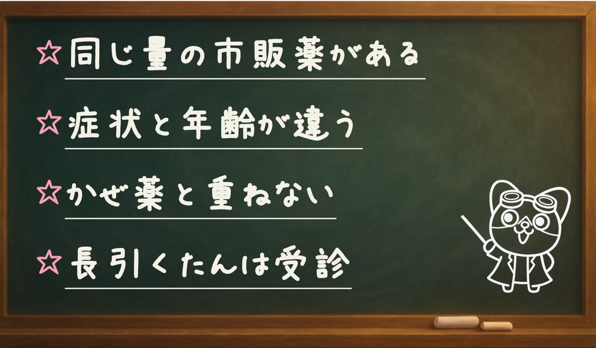 まとめのポイント：同じ量の市販薬がある／症状と年齢が違う／かぜ薬と重ねない／長引くたんは受診