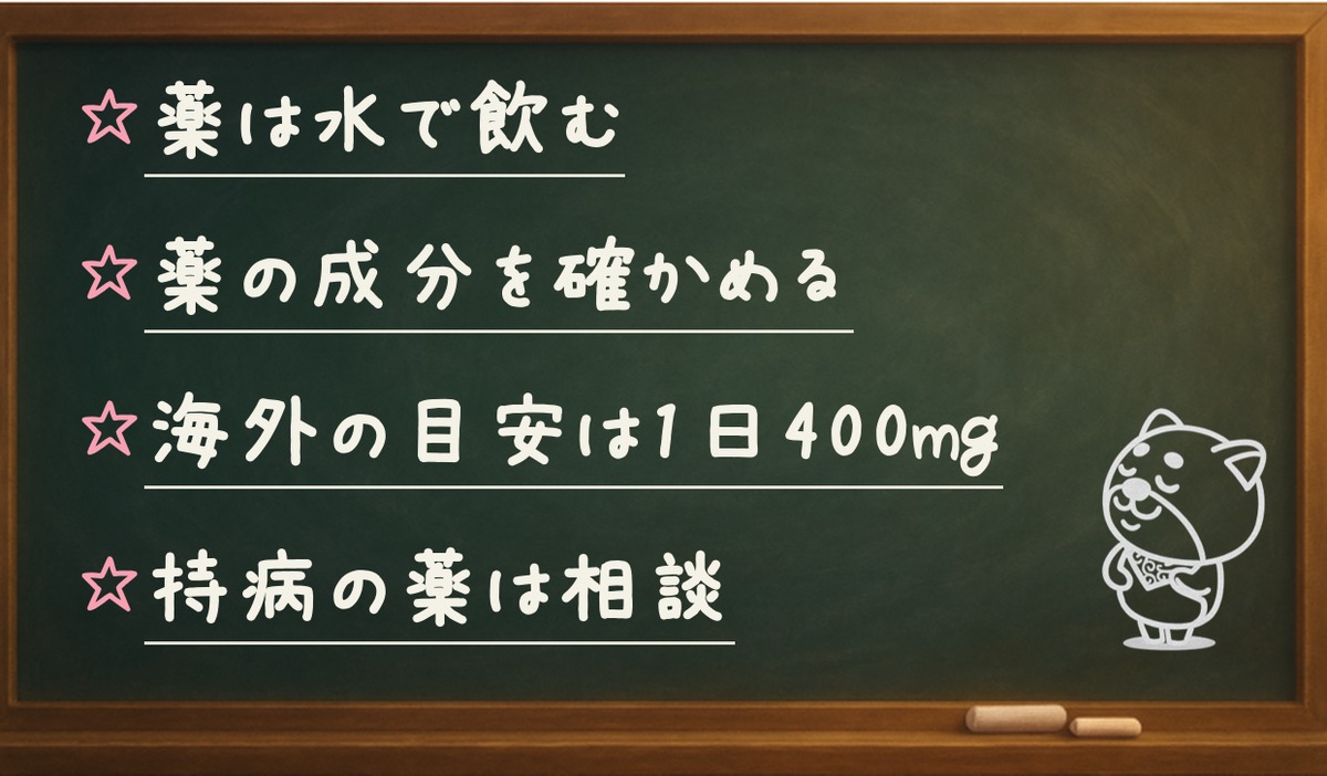 まとめのポイント:薬は水で飲む/薬の成分を確かめる/海外の目安は1日400mg/持病の薬は相談